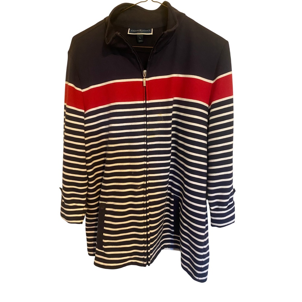 Karen Scott Sport Sweater Womens Large Full Zip Striped Nautical Performance